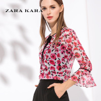 ZARA KARA喇叭袖碎花雪纺衫九分袖系带圆领时尚印花上衣2018春装新款女B