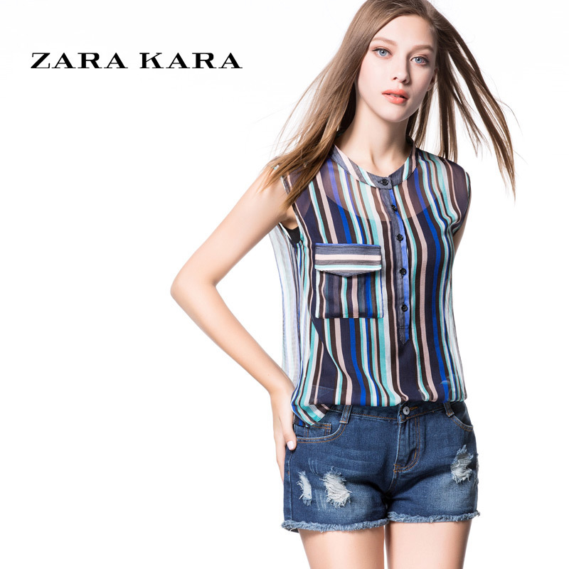 ZARA KARA时尚条纹印花无袖雪纺衫两件套显瘦雪纺衬衫上衣2018夏装新款B