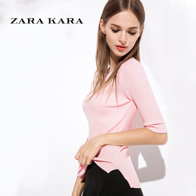 ZARA KARA粉色T恤修身圆领打底衫百搭简约体恤上衣2018春季新款女装潮B