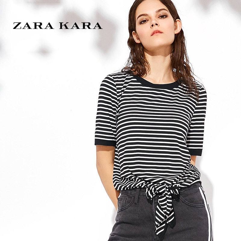 ZARA KARA黑白条纹短袖T恤女夏圆领宽松打底衫系带上衣2018春夏季新款潮