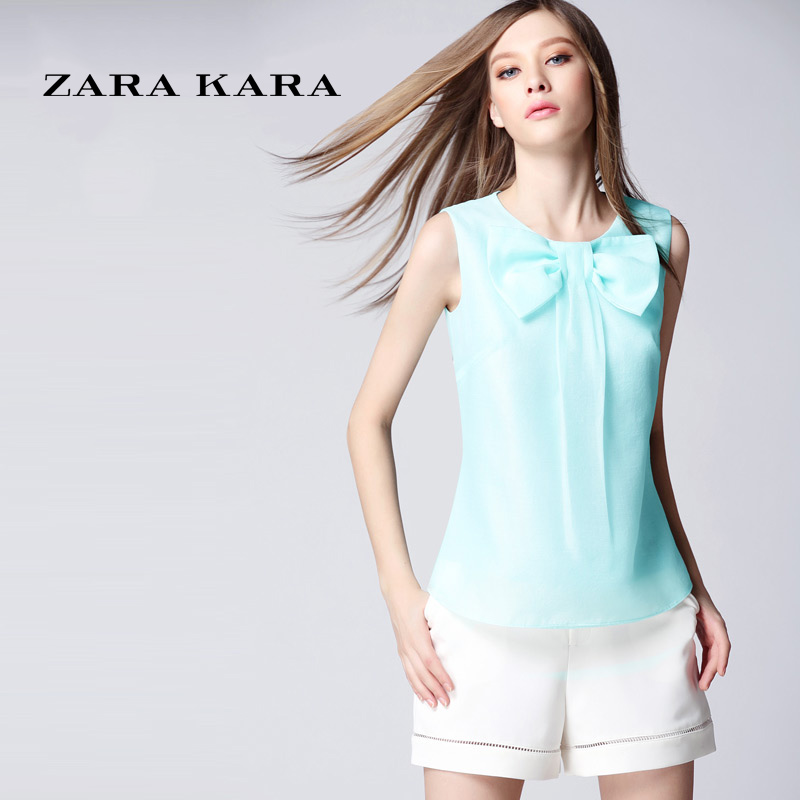 ZARA KARA2018春季雪纺衫女百搭打底衫柯根纱雪纺衫蝴蝶结修身雪纺衫潮