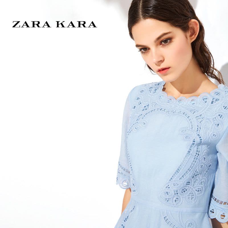 ZARA KARA2018春秋夏季短袖圆领雪纺拼接蕾丝连衣裙收腰网纱性感裙子女图片