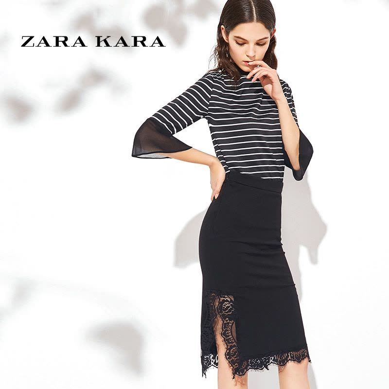 ZARA KARA条纹七分袖T恤蕾丝开叉半身裙套装2018夏欧洲站时尚气质两件套图片