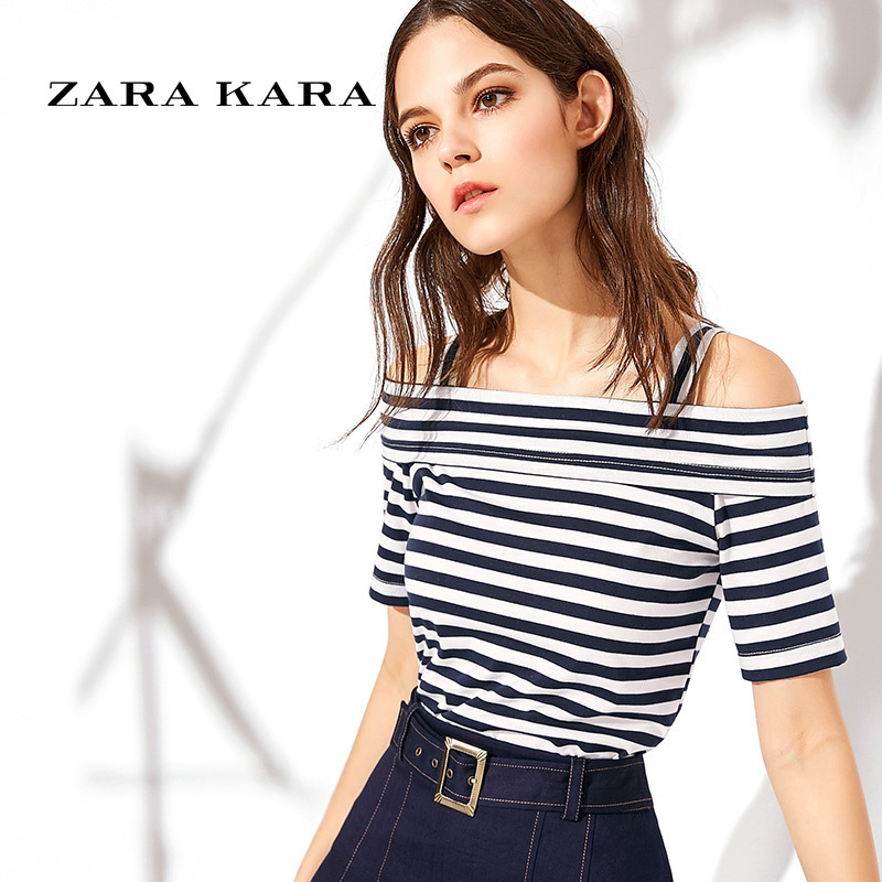 ZARA KARA短袖条纹吊带T恤女夏韩版露肩性感打底衫一字领上衣夏季新款潮