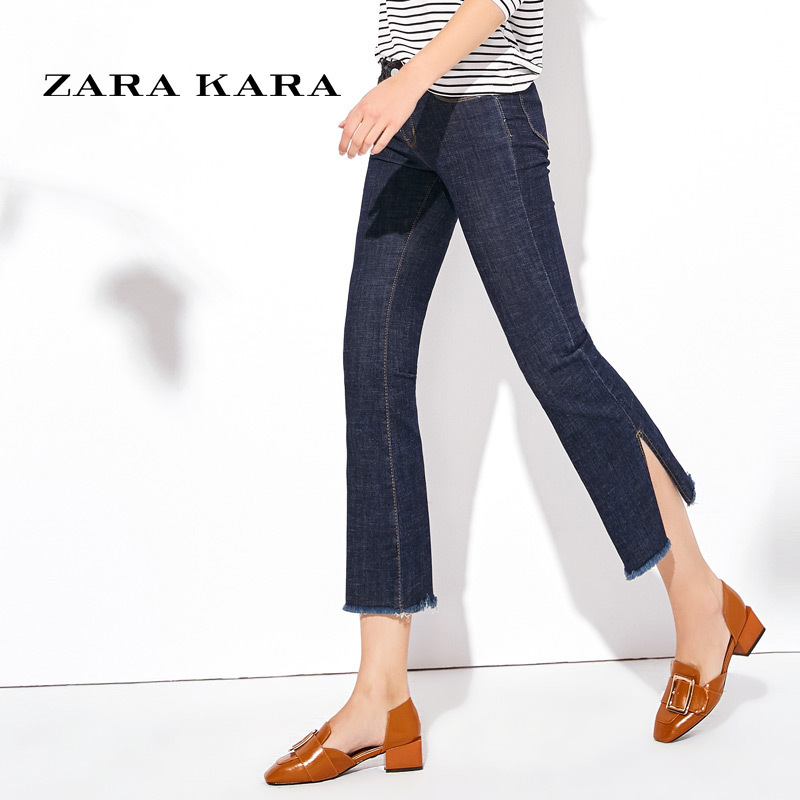 ZARA KARA黑色不规则毛边微喇牛仔裤韩版开叉喇叭裤2018春季新款七分裤