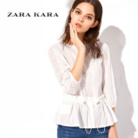 ZARA KARA系带镂空荷叶边白色雪纺衫淑女气质百搭小衫休闲上衣2018春夏