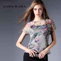 ZARA KARA2018夏季女装柯根纱印花雪纺衫女式短袖镂空雪纺上衣夏装打底衫