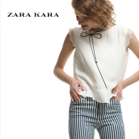 ZARA KARA铜氨丝荷叶边蕾丝拼接雪纺衫时尚无袖圆领百搭上衣2018夏新款B