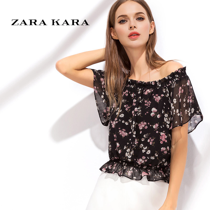 Zara Kara雪纺衫zara Kara一字领露肩雪纺衫碎花遮肚子短袖印花上衣荷叶边木耳2018夏季b 价格图片品牌报价 苏宁易购zara Kara 官方旗舰店