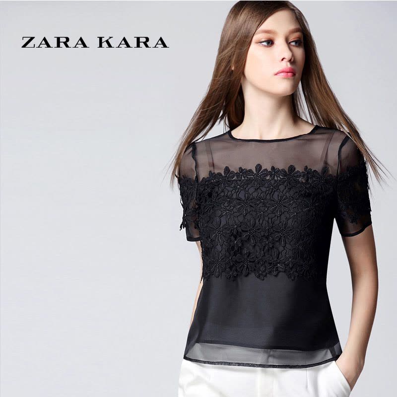 ZARA KARA2018新款女装夏装蕾丝衫短袖 镂空蕾丝雪纺衫网纱修身上衣春夏B图片