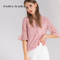 ZARA KARA喇叭袖V领镂空蕾丝衫雪纺粉色小衫时尚百搭上衣2018夏装新款BC