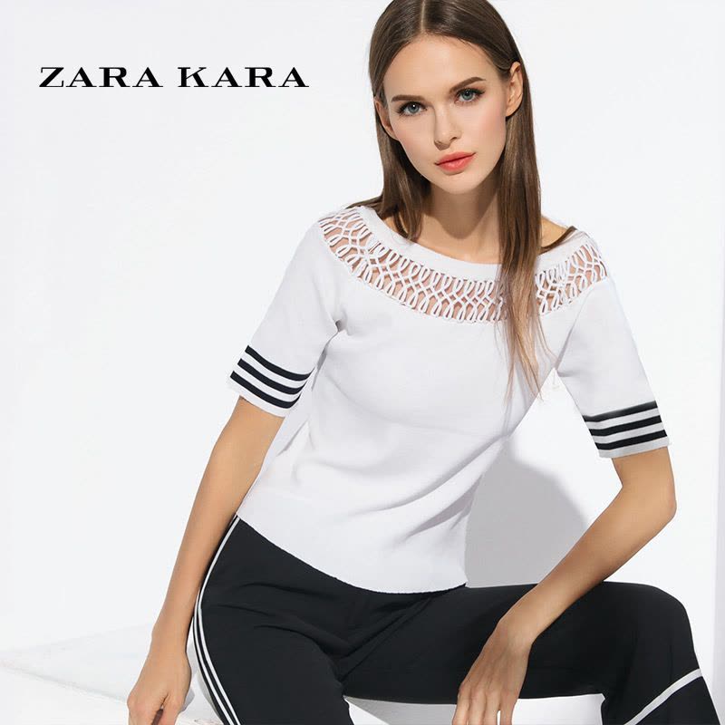 ZARA KARA白色条纹半袖一字肩上衣女夏镂空五分袖一字领T恤韩版女装衣服B图片