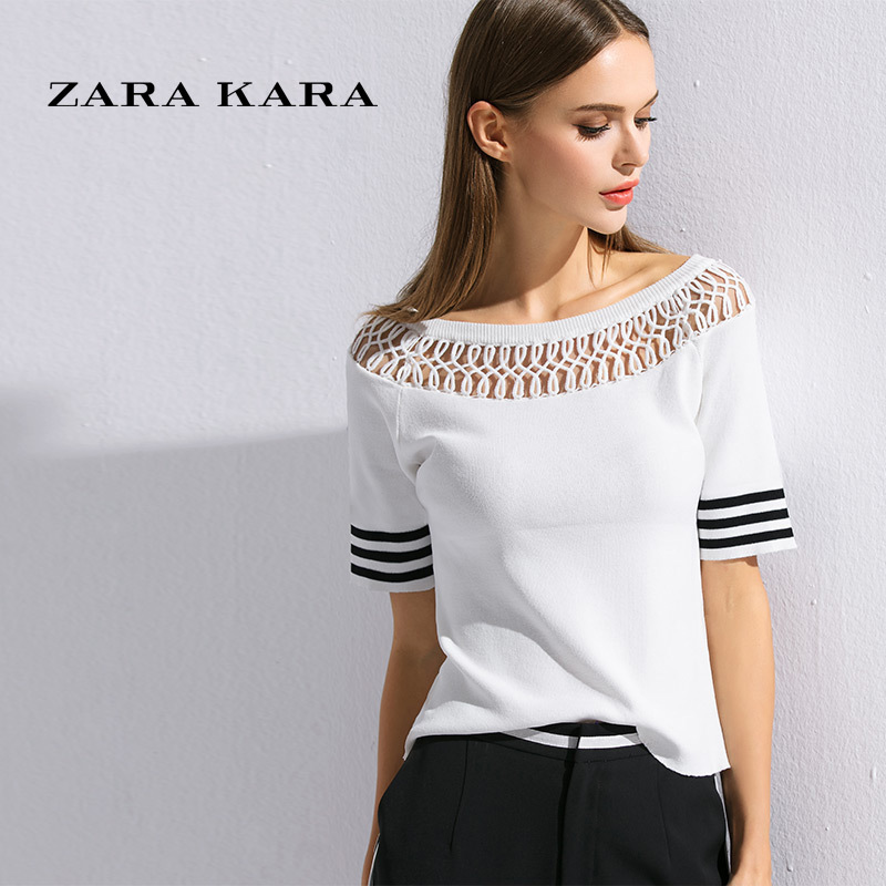 ZARA KARA白色条纹半袖一字肩上衣女夏镂空五分袖一字领T恤韩版女装衣服B