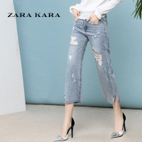 ZARA KARA毛边破洞牛仔裤女宽松显瘦开叉喇叭阔腿裤子2018初夏季新款潮