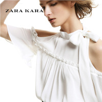 ZARA KARA喇叭袖挂脖露肩雪纺衫白色宽松遮肚子木耳边漏肩上衣2018夏装