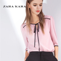 ZARA KARA系带藕粉色雪纺衫七分袖柔美雪纺衬衫女百搭上衣韩范2018夏季B