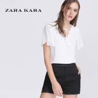 ZARA KARA镂空V领喇叭短袖柔美雪纺衫女白色超仙气质宽松上衣2018夏季BC