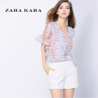 ZK喇叭袖V领印花雪纺衫宽松显瘦时尚百搭碎花上衣女2018夏装新款B