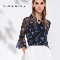 ZK喇叭袖宝蓝色碎花雪纺衫七分袖系带V领时尚印花上衣2018春装
