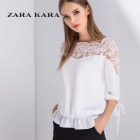 ZK系带镂空蕾丝拼接荷叶边雪纺衫白色时尚百搭小衫上衣2018夏装
