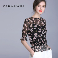 ZK五分袖遮肚子碎花雪纺衫小清新修身百搭印花上衣2018夏季新款CB