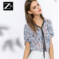 ZK性感渔网透视碎花雪纺衫露肩短袖修身印花上衣女2018夏装新款BC