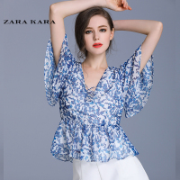 ZK碎花V领喇叭短袖雪纺衫荷叶边收腰显瘦短款上衣印花2018夏季CB