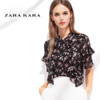 ZK荷叶边小碎花雪纺衫短袖薄款柔美印花上衣百搭气质淑女2018夏