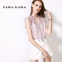 荷叶边袖V领碎花雪纺衫无袖衬衫气质淑女上衣2018夏季新款