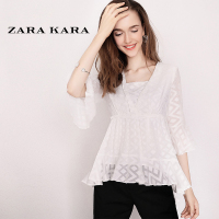 喇叭袖白色蕾丝衫雪纺高腰超仙气质打底小衫百搭上衣2018秋季