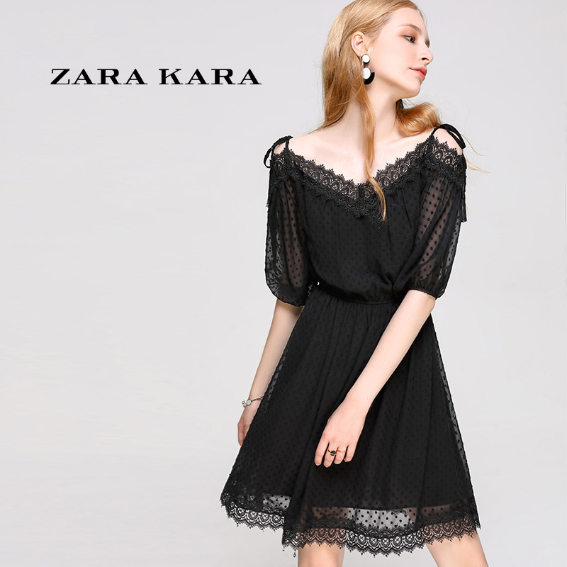 ZARA KARA夏新款V领黑色蕾丝拼接雪纺连衣裙收腰显瘦修身欧美裙子