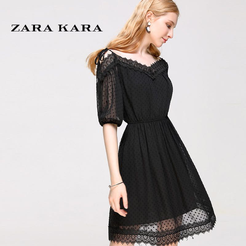 ZARA KARA夏新款V领黑色蕾丝拼接雪纺连衣裙收腰显瘦修身欧美裙子图片