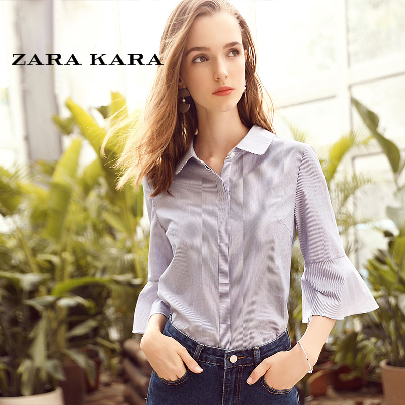 ZARA KARA纯棉喇叭袖蓝白竖条纹衬衫女宽松休闲衬衣OL上衣2018秋季新款