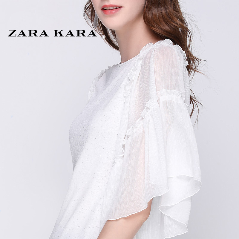 ZARA KARA透视喇叭袖白色雪纺衫超仙女气质显瘦荷叶边上衣2018夏季新款