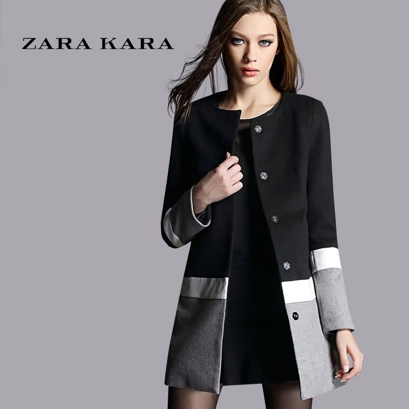 ZARA KARA2018冬装新款毛呢外套女中长款冬季外套拼接毛呢大衣图片