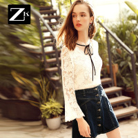 ZK喇叭袖网纱拼接v领蕾丝衫女长袖蝴蝶结系带春款小衫女2018新款