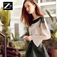 ZK蝴蝶结一字领喇叭袖雪纺衫露肩洋气时尚小衫上衣女2018春装新款
