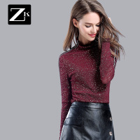 ZK2018春夏新款半高领亮丝网纱蕾丝打底衫女长袖修身加绒百搭CB