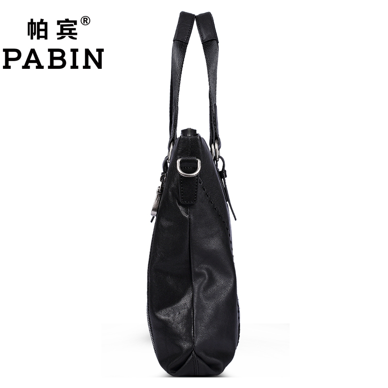 帕宾pabin 手提包男真皮大容量休闲男士包包头层牛皮拼接皮包单肩斜挎包