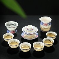 唐宸华宇茶具 玲珑手绘青花茶杯蜂窝镂空透明 茶具套装茶壶功夫整套茶具 10头单青客蜂巢配盖碗