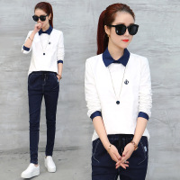 依梅儿2017衬衫女春 韩版新款撞色条纹百搭显瘦OL时尚衬衣潮