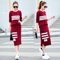 依梅儿韩版春装新款2017印花毛衣套裙 韩版针织包臀裙两件套装