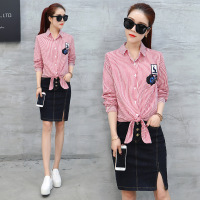 依梅儿2017条纹衬衫女 韩版百搭新款修身女装潮 学生时尚系带衬衣