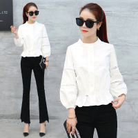 2017春装新款女装上衣白色圆领衬衫韩范显瘦学生九分灯笼袖衬衣女
