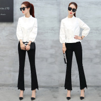 2017春装新款韩版女装时尚套装韩版修身九分袖衬衫喇叭裤两件套潮