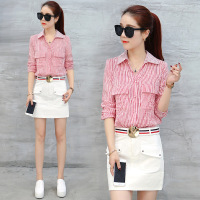 衬衫女2017春装新款潮韩版修身条纹长袖衬衣百搭学生寸衫女装上衣