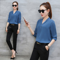 依梅儿2017春装新款雪纺套头衬衣女潮 韩版性感V领百搭长袖T恤