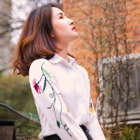 依梅儿2017春装新款绣花长袖棉麻衬衫女 韩版打底衬衣 百搭打底衫
