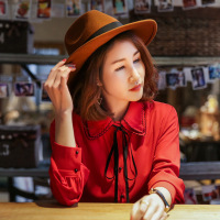 依梅儿2017春装新款雪纺衬衫女 韩版休闲撞色优雅双层领系带衬衣