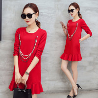 依梅儿连衣裙女 2017春装韩版休闲钉珠装饰修身短裙 长袖裙子